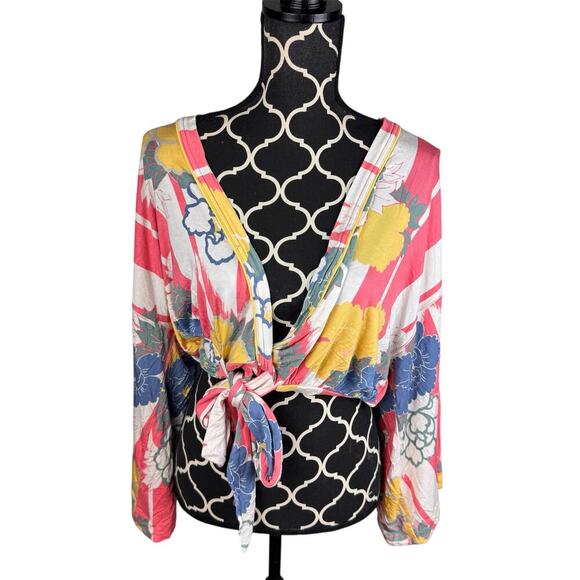 Free People Multicolor Floral Boho V-neck Bell Sleeve Top Womens Sz S - Picture 1 of 9